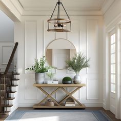 an entryway with plants and potted plants on the table