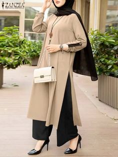 Women Matching Sets ZANZEA Vintage Muslim Sets Casual Long Sleeve Tracksuits Split Blouses Female Wide Leg Pants Suits 2PCS Aid Mubarek, Shabby Dress, Outdoor Dress, Turkish Dress, Hijabi Style, Muslim Dress, Long Tunic