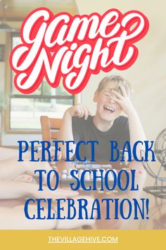 a young boy sitting at a table in front of a laptop computer with the text game night perfect back to school celebration