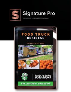 the food truck business brochure is displayed in front of a black and white background