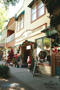 a store front with christmas decorations on the outside