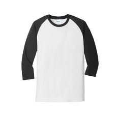 Shop Port & Company® Core Blend 3/4-Sleeve Raglan Tee at Michaels. com. This raglan style shirt gives a classic, moisture-wicking team look at a great value. This raglan style Port & Company shirt gives a classic, moisture-wicking team look at a great value. Perfect to use to make shirts for teams, family reunions, events and so much more. Details: Available in multiple sizes and colors 3/4-sleeve Raglan style Moisture-wicking material Made with up to 5% recycled polyester from plastic bottles R Black Half Sleeve Shirt For Fall, Black Cotton Tops With Contrast Sleeves, Black Cotton Top With Contrast Sleeves, Long Sleeve Tops With Contrast Sleeves For Spring, Spring Tops With Contrast Long Sleeves, Spring Tops With Contrast Sleeves And Long Sleeve, Spring Top With Long Contrast Sleeves, Fall Relaxed Fit T-shirt With 3/4 Sleeves, White Short Sleeve Tops With Contrast Sleeves