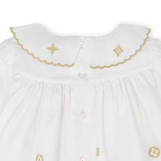 LOUIS VUITTON® - Meli-melo Gold Dress - Meli-melo Gold Louis Vuitton Baby, Baby 12 Months, Young Skin, Embroidered Monogram, Gold Gifts, Louis Vuitton Official, Color Dorado, Gold Dress, Dress Collection