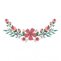 a pink flower with green leaves and flowers on the bottom, in front of a white background