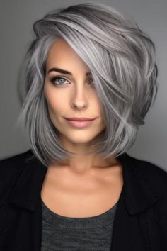 Silver Hair With Lowlights Gray, Hair Ideas For Gray Hair, Grey Hair Shades, Grey Hair Colour Ideas, Brown To Gray Balayage, Gray Hair Color Ideas For Brunettes, How To Blend Grey Hair With Dark Hair, Grey Roots Blending Dark Hair, How To Transition To Gray Hair