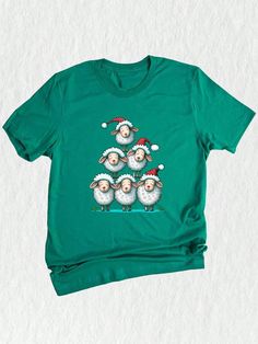 Dress up in style this Christmas with our delightful Sheep Christmas Gift - a fun and festive costume that will make you the life of the party!Christmas Sheep Tree Shirt, Christmas Sheep Shirt, Cute Christmas Gift, Sheep Christmas Gift, Christmas Costume Kelly Green Casual  Short Sleeve  Animal,Cartoon,Christmas,Colorblock,Figure,Geometric,Graphic,Letter,Striped,Plants,Textured Pattern    Women Clothing, size features are:Bust: ,Length: ,Sleeve Length: Cute Winter Holiday T-shirt, Cute Holiday T-shirt For Winter, Christmas Novelty Crew Neck Tops, Novelty Christmas Crew Neck Top, Novelty Crew Neck Tops For Christmas, Cute Christmas Festive Tops, Cute Christmas Holiday Tops, Cute Festive Christmas Tops, Plant Texture