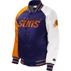 a jacket with the word sun on it and an orange, white, and blue color block