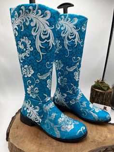 This is handmade genuine leather custom made unique boots.  Knee high. Size is 6.5 us, 37 eu.  Our outlet boots.  There is 1 inches heel.  Round toe.  Shiny blue fabric.  We have door to door express shipping.  If you have any questions please contact with us.  bemyboots.etsy.com Thank You Boho Style Boots, Comfy Boots, Unique Boots, Comfy Boot, Womens Riding Boots, Shiny Fabric, Shoe Gifts, Boots Knee, Flat Boots