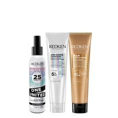 Treat your dry, damaged hair with this treatment trio. ONE UNITED Redken's One United is a 25-benefit leave-in nourishing treatment formulated with lactic acid and coconut oil to increase manageability, protection, and overall hair health. BENEFITS • Provides lightweight Conditioning • Enhances the caring benefits of other leave-in treatments • Softens the touch of texture of the styling products • Conditions and nourishes hair • Helps even porous hair • Reduces hair dryness • Help to detangle hair • Strengthens hair • Primes hair for styling and helps prevent hair breakage from brushing • Safe for color-treated hair and ombre hair • Helps prevent heat damage from hair hot tools • Helps prevent split ends and seal in hair cuticle • Helps protect hair from external aggressors • Gives hair a Porous Hair, Stop Hair Breakage, Hair Dryness, Benefits Of Coconut Oil, Hair Treatments, Hair Control, Hair System, Hair Help, Dry Damaged Hair