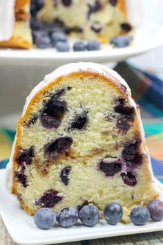 a slice of blueberry bundt cake on a plate