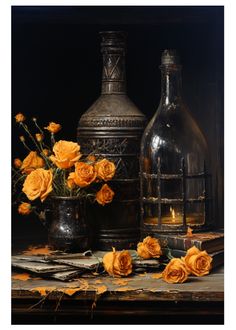 an arrangement of vases and flowers on a table