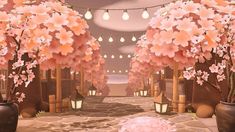 an animated image of a pathway with lanterns and flowers