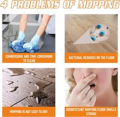 four steps to cleaning floors with blue gloves