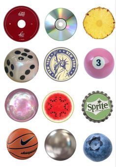 several different types of balls and discs on a white background