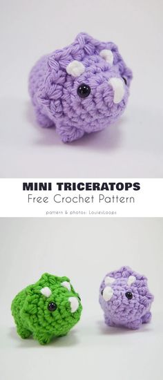 three crocheted animals are shown in different colors and sizes, with the words mini tricreators free crochet pattern