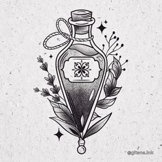 an ink drawing of a bottle with flowers and leaves around it on a white background