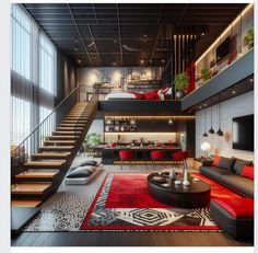 a living room filled with lots of furniture next to a stair case in front of a window