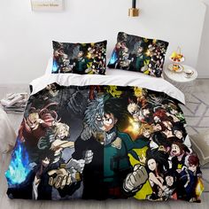 a bed with many anime characters on it