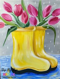 a painting of yellow rubber boots with pink tulips in them on a rainy day