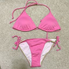 Vintage Hollister Pink Bikini Size: Large Tried On, But Never Worn. Been In Storage Pink Halter Neck Swimwear For Poolside, Pink Stretch Summer Swimwear, Stretch Pink Summer Swimwear, Pink Halter Neck Swimwear For Summer, Pink Stretch Swimwear For Sunbathing, Pink Triangle Top Swimwear For Party, Pink Stretch Swimwear With Triangle Top, Pink Triangle Top Swimwear For Sunbathing, Pink Triangle Top Stretch Swimwear