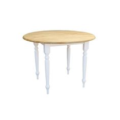 a small white table with two legs and a wooden top on a white wall background