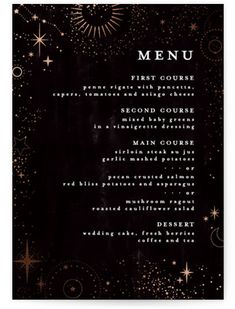 a black and gold menu with stars on the side, in front of a white background