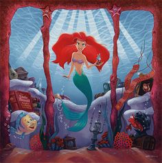 the little mermaid is standing in front of an underwater scene