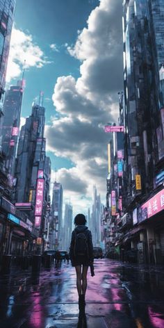 a woman walking down a street in the middle of a city with tall buildings and neon signs