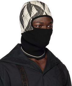 Knit viscose-blend balaclava in black. Jacquard argyle pattern at hood. · Paneled construction · Stripes at rib knit collar Face masks and face coverings are final sale and are not eligible for return or exchange. Supplier color: Black Argyle Pattern, Marine Serre, Face Coverings, Knit Collar, Face Masks, Black Men, Rib Knit, Final Sale, Apparel Accessories