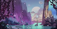 an animated landscape with trees, rocks and water