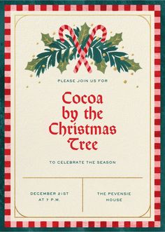 a christmas party flyer with holly and candy canes on the front, red and white check