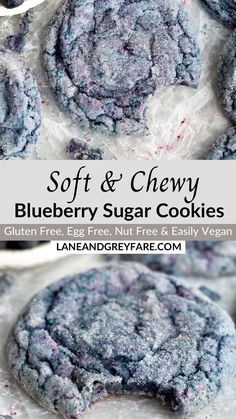 soft and chewy blueberry sugar cookies on parchment paper with text overlay that reads, soft & chewy blueberry sugar cookies