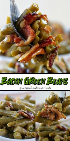 bacon green beans with bacon on top and in the background, there is a spoon full of them