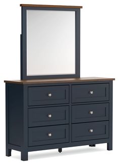 a blue dresser with a mirror on top of it and two drawers underneath the drawer