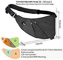 an image of a fanny bag with measurements for the waist strap and shoulder straps on it