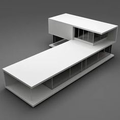 an architectural model of a white building on a gray background with no people around it