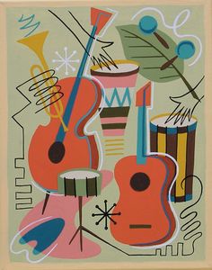 an abstract painting with guitars and musical instruments