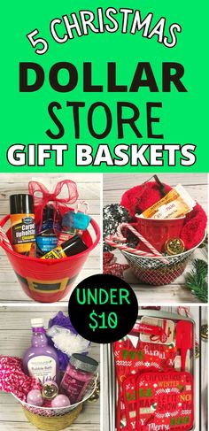 text reads, "5 cheap dollar store gift baskets under $10", collage of dollar store gifts Dollar Store Gift Baskets, Cheap Christmas Gift Baskets, Cheap Diy Gift, Christmas Food Gift Baskets, Cheap Christmas Gift, Dollar Store Gifts, Diy Gifts Cheap, Game Night Gift, Dollar Tree Gifts