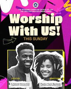 the poster for worship with us, featuring two people smiling and one person looking at the camera