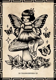 a black and white drawing of a fairy sitting on top of a mushroom with butterflies around it