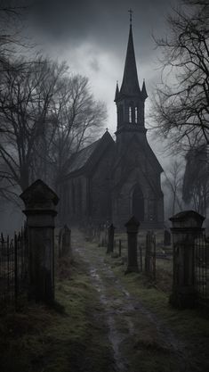 an old church in the middle of a cemetery on a foggy day with trees and tombstones