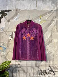 One of a kind, hand painted Bob Mackie leather paneled, knit zip up jacket. This jacket has intricate purple embroidery throughout with ahdn painted stars by Sadbsh.  In excellent condition, size large Painted Stars, Purple Leather Jacket, Purple Embroidery, Womens Sweaters, Bob Mackie, Purple Leather, Zip Up Jacket, Sweater Outfits, Zip Ups