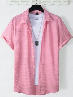 Rose bonbon Casual Collar Manches courtes Étoffe Unicolore Chemise Embellished Élasticité moyenne Pink Male Outfit, Pink Shirts For Men, Light Pink Shirt Outfit, Boys Pink Shirt, Pink Tshirt Outfit, Cowboy Outfit Men, Rave Outfit Men, Go Go Dancer Costume