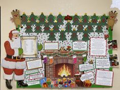 a bulletin board with santa claus and christmas decorations on the wall next to a fire place