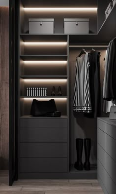 a walk in closet with black and white clothes