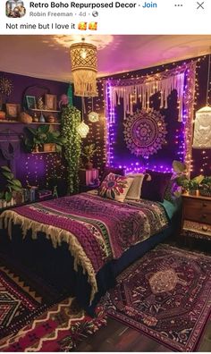 a bedroom decorated in purple and green with lights on the wall, rugs and bedding