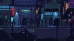 an animated city at night with neon lights