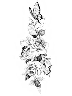 a black and white drawing of flowers with butterflies on it's side, in the middle