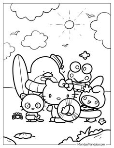 hello kitty and her friends are playing in the sand coloring page for kids to color