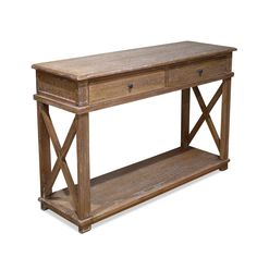 a wooden table with two drawers on one side and an open shelf on the other